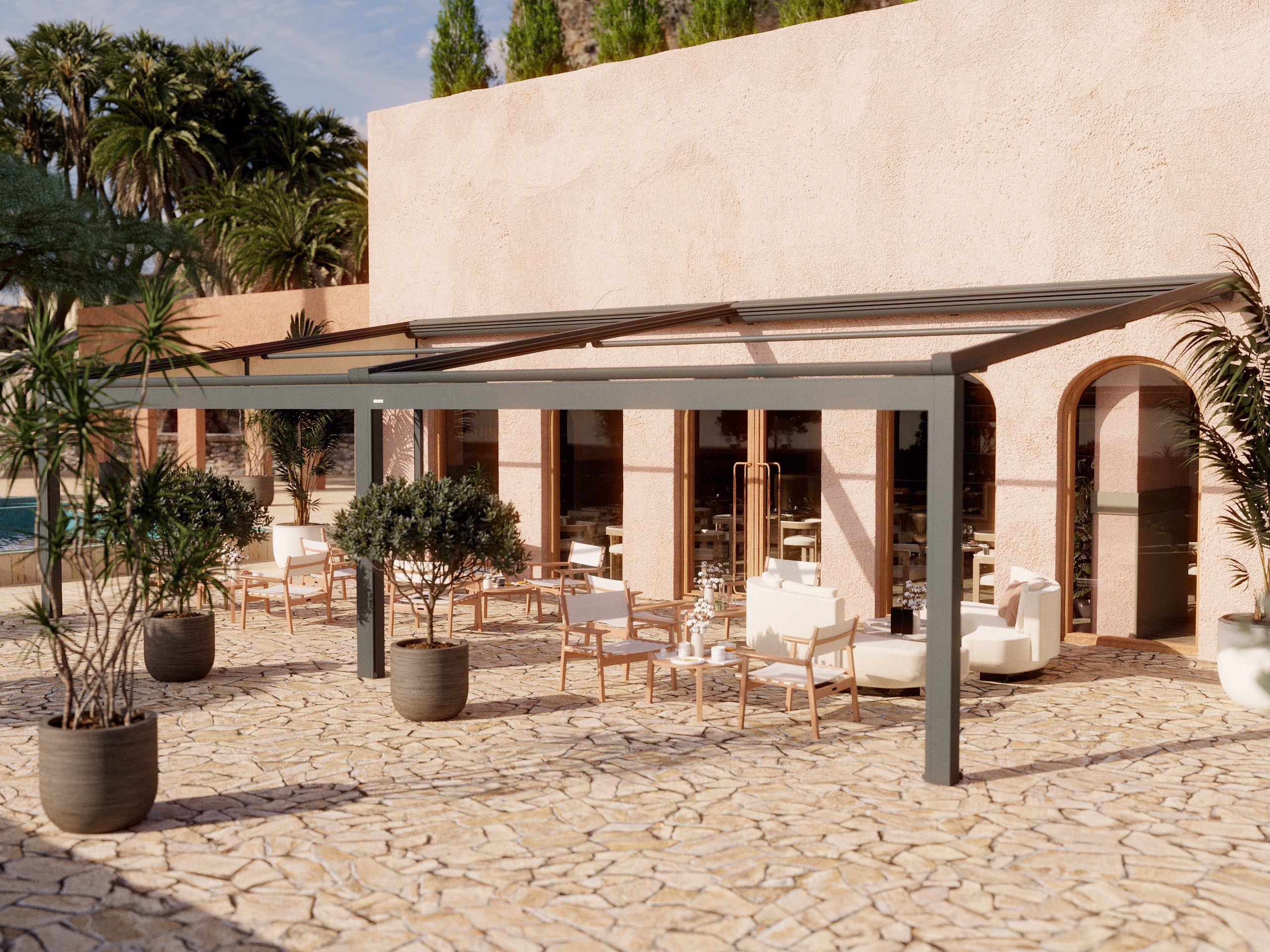 Techo textil Brustor B128 XL desplegado sobre una gran terraza